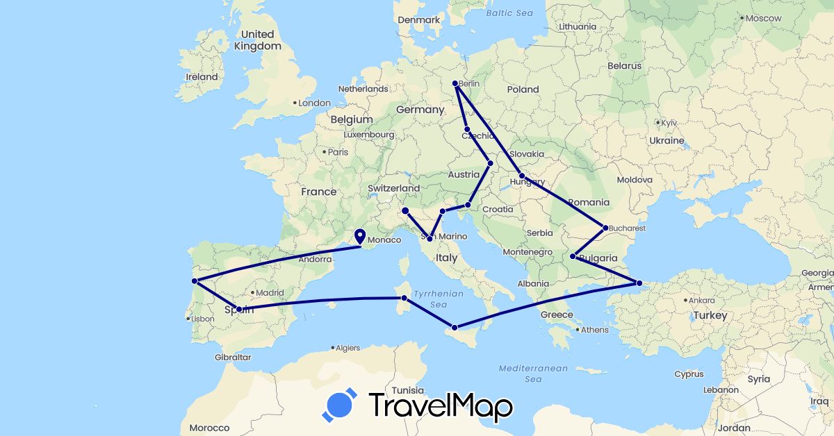 TravelMap itinerary: driving in Austria, Bulgaria, Czech Republic, Germany, Spain, France, Hungary, Italy, Portugal, Romania, Slovenia, Turkey (Asia, Europe)