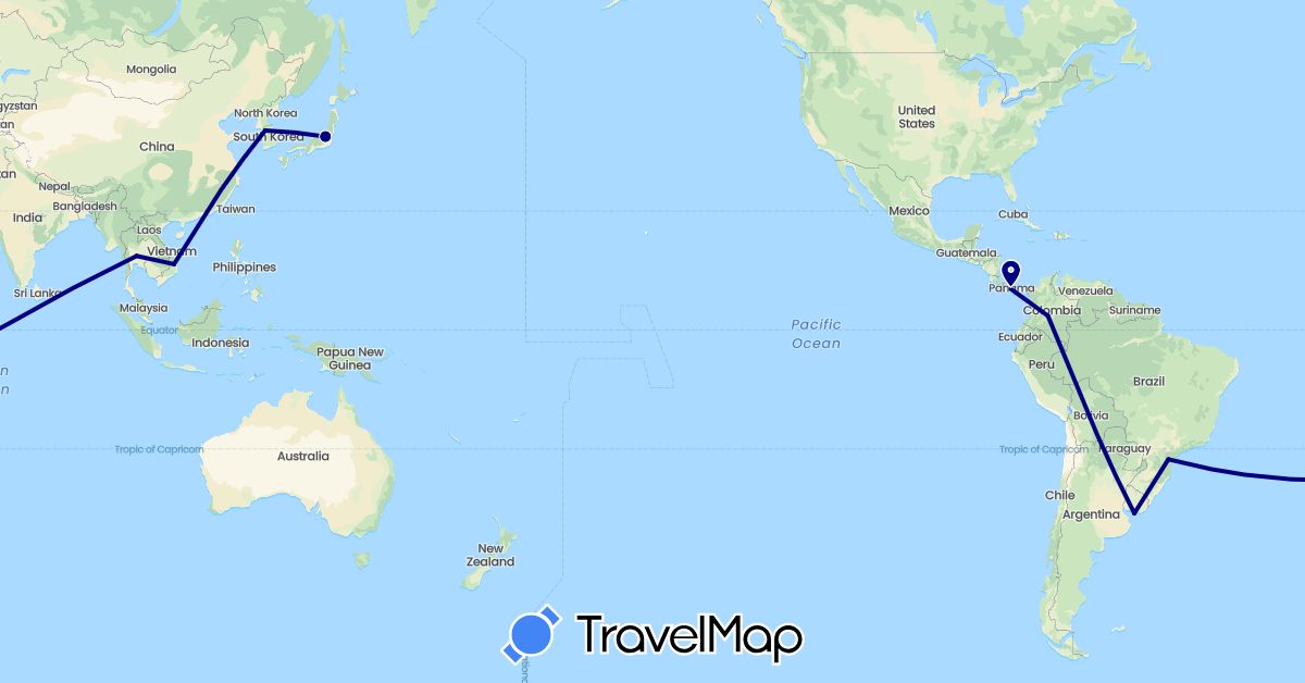 TravelMap itinerary: driving in Brazil, Colombia, Japan, South Korea, Panama, Thailand, Uruguay, Vietnam (Asia, North America, South America)